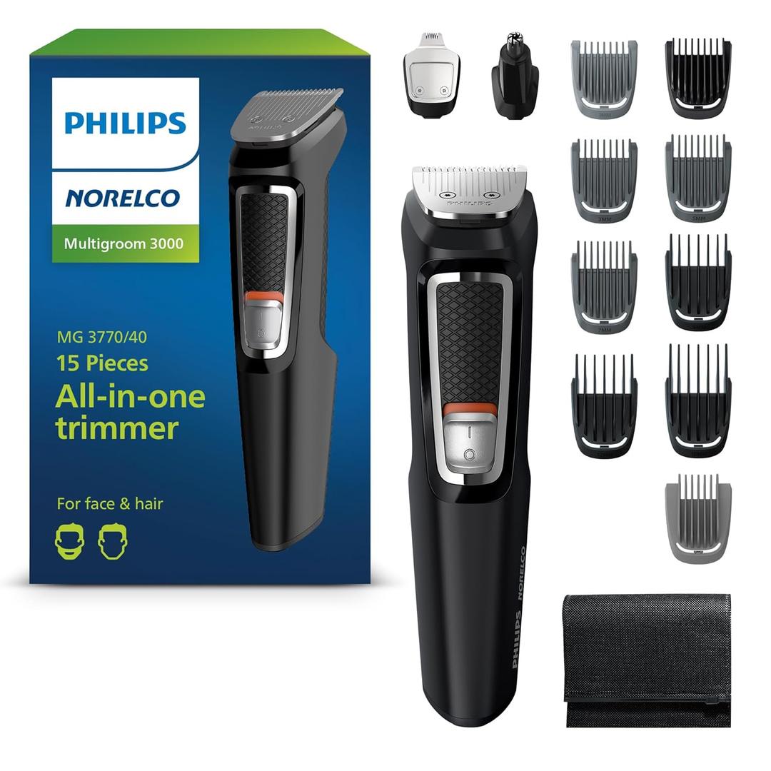 Norelco Philips Multigroom 3000 Series, All-in-One Trimmer, Beard Trimmer and Hair Clipper, 15-Piece Men's Grooming Kit for Head, Beard, Face, Nose, Ears, No Blade Oil Needed, Soft Pouch, MG3770/40 (Black)