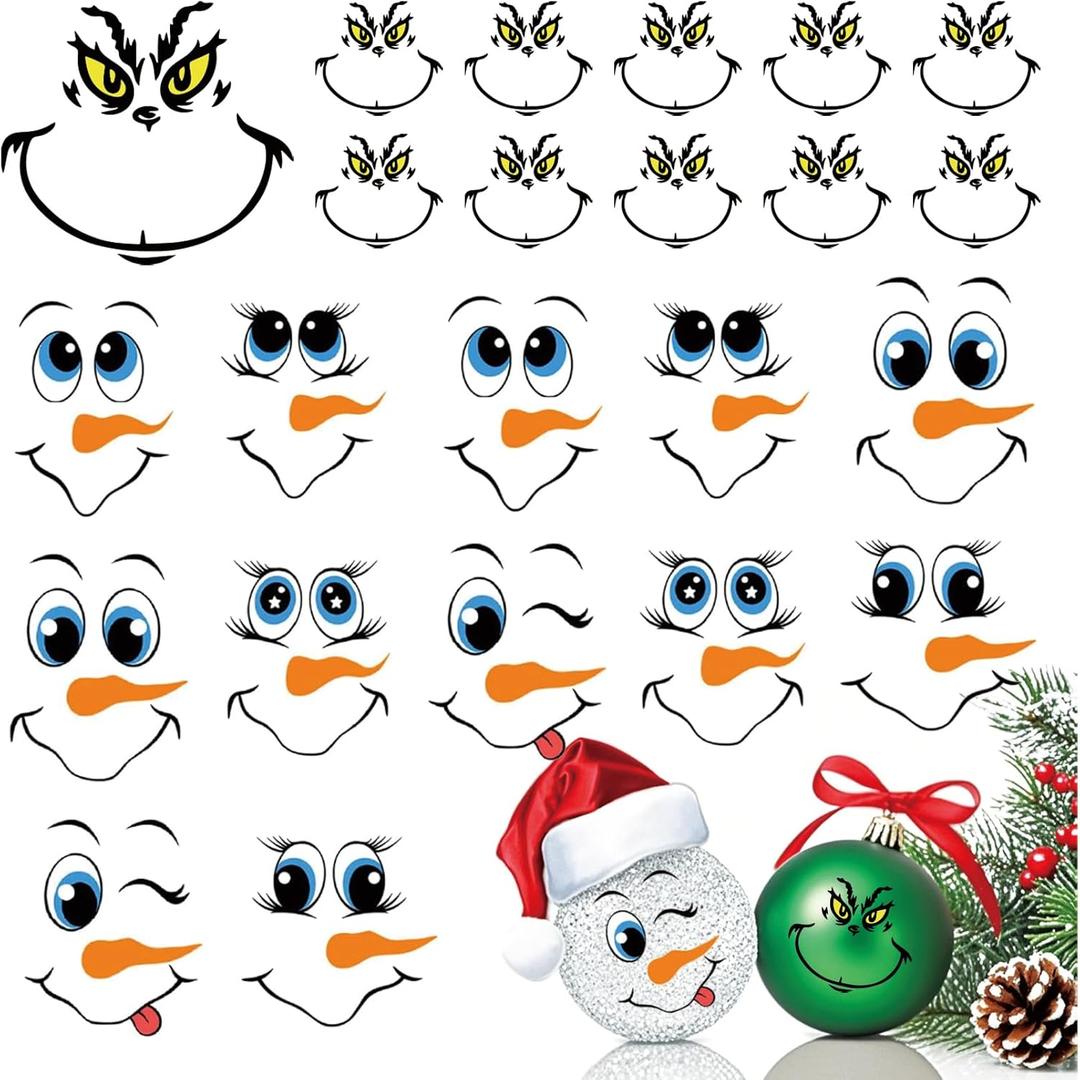 7Pack 27 Pcs Christmas Face Eyes Stickers for Crafts Rub on Transfers Large 5 Inch Small 3 Inch Vinyl Snowman Faces Decals for Ornaments Glass Drinking Cups Wood Decorations Balls Party Supplies (face27)