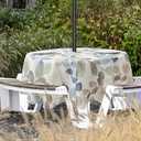 Colorful Leaf Round Outdoor Tablecloth with Umbrella Hole, Table Cloth with Hidden Zipper Outdoor Party Cafe Decorative Floral Table Cover Wrinkle Free Spillproof(6-8 Seats, Blue/Green/Tan, 70" Round)
