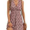 HUHOT Burgundy Floral Tropical Outfits Vestidos Casuales Para Mujer Ladies with Pockets Jumpsuits Boho Summer Dressy Beach Resort Wear Vacation Sexy Cruise Dress Romper, XL