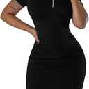 Women Summer Ribbed Bodycon Dress Short Sleeve Zipper Front Casual Mini Dresses (XX-Large, Black)