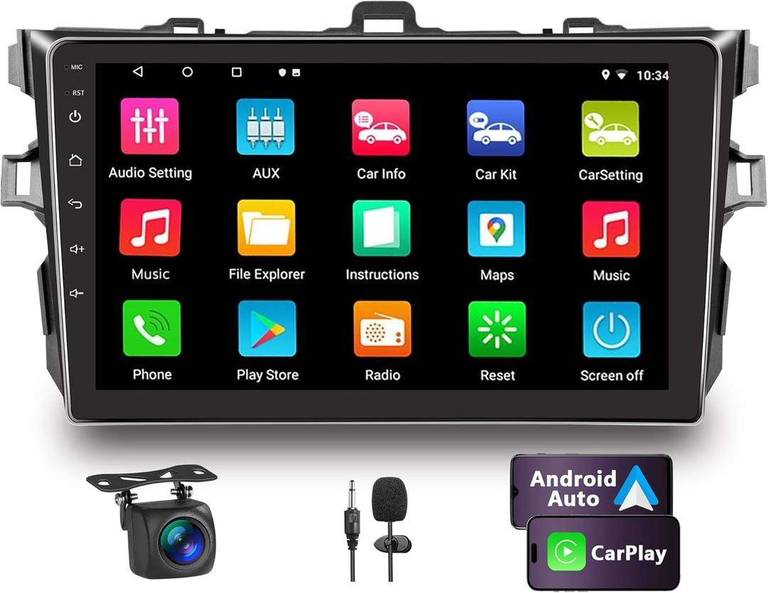 Car Stereo for Toyota Corolla 2007-2012 with Wireless Apple Carplay and Android Auto,9 Inch Touch Screen Car Radio with 4K Camera Support BT/Mirror Link/FM/WiFi/GPS Navigation, 2GB+32GB,