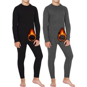 Dalavch 2 Sets Youth Boys Thermal Base Layer Long Johns Compression Leggings and Shirts Fleece Lined Underwear for Kids Girls (Medium, 1 Set Black 1 Set Heather Grey)