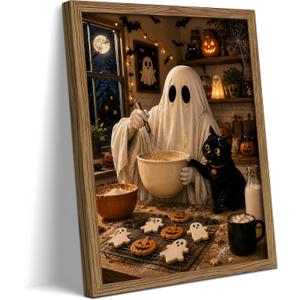 Framed Funny Halloween Kitchen Canvas Wall Art, Ghost Baking Cookies with Black Cat Wall Decor, Spooky Pumpkin Canvas Print Poster for Kitchen Dining Room Halloween Home Decor 16x24 Inch