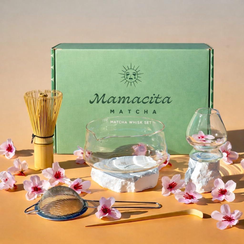 Whisk Set, 5-Piece Matcha Bowl and Whisk Kit with Bamboo Scoop, Glass Matcha Bowl, Holder, and Sieve Handmade Borosilicate Glass (Clear)