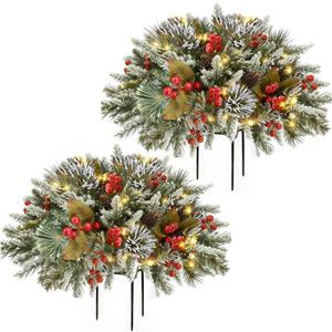 Eforcase 2PCS Artificial Flowers Plants Mini Pine Trees, Light up Christmas Flowers Urn Filler with Cones Red Berries and Tripod Stake,Faux Small Tree Outdoor Planter Filler Holiday Home Decor
