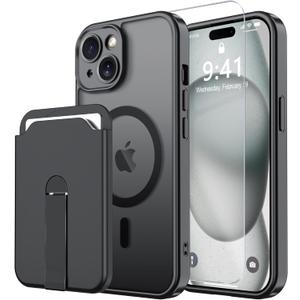 Magnetic for iPhone 16 Plus Case with Screen Protector+Removable Wallet | Compatible with MagSafe,Slim Translucent Matte Phone Cover with Magnet Credit Card Holder,Black
