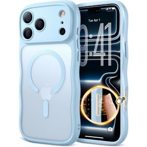 for iPhone 17 Pro Max Case for Women Girls,【Compatible with MagSafe】,【Camera Control】,【Full Camera Protection】, Cute Wave Magnetic Phone Case for iPhone 17 Pro Max,Light Blue