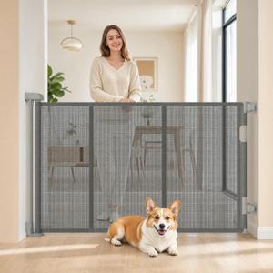 59-Inch Retractable Dog Gate, 34-Inch Tall Mesh Pet Gate
