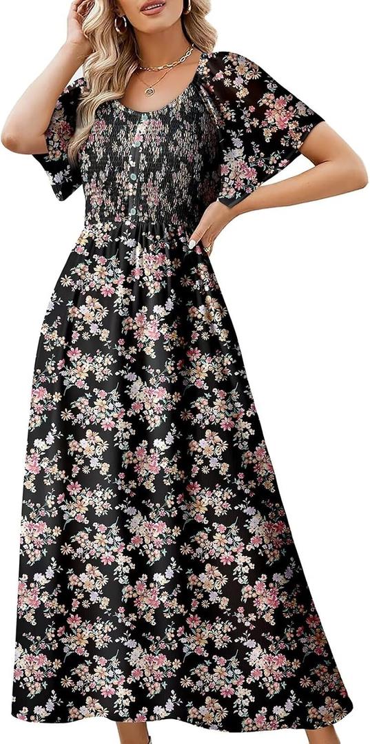 Dokotoo Womens Dresses 2025 Square Neck Tie Backless Summer Dresses Cap Sleeve Floral Buttoned Empire Waist Maxi Dress (L)
