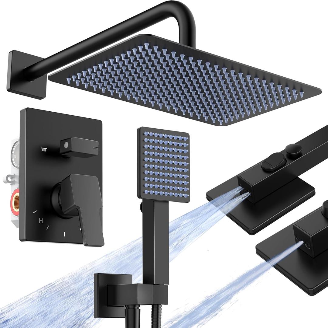 KES Black Shower Faucet Set with 12" Rectangle Rain Head, Shower Head System with 3-Modes Handheld Spray, Pressure-Balanced Anti-Scald Valve, XB6247S12-BK