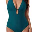SUUKSESS Women One Piece Tummy Control Swimsuit Deep V Neck Cutout Bathing Suit (Large, Peacock Blue)