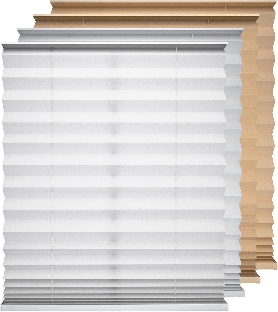 No Drill Cordless Pleated Fabric Shades, White, 58" W x 64" H