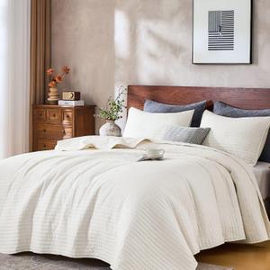 DOWN HOME Cali King Quilt Bedding Set with Shams, Vintage Washed Quilted Blanket Thin Comforter Lightweight Bedspread Coverlet Bed Cover, Brushed Microfiber Stripe Stitching, Linen White, 111"x92"