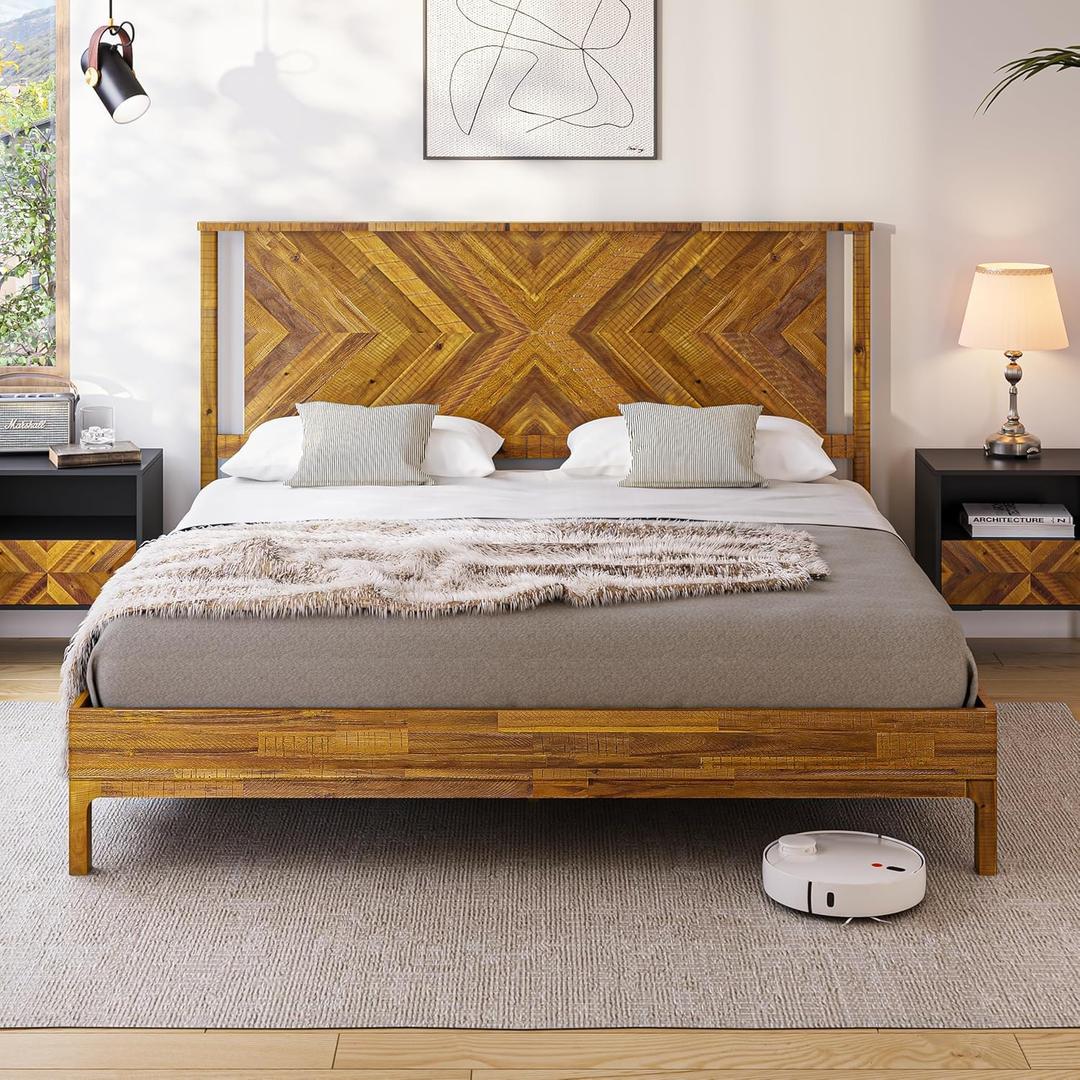 Bme Vivian 14 Inch Deluxe Bed Frame with Headboard, Rustic & Scandinavian Style with Solid Acacia Wood, No Box Spring Needed, 12 Strong Wood Slat Support, Easy Assembly, King, Rustic Golden Brown