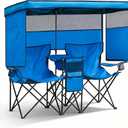 Double Beach Chair with Canopy Shade Oversized Camping Chairs with Cooler Bag Folding Loveseat for Outside Lawn Camping
