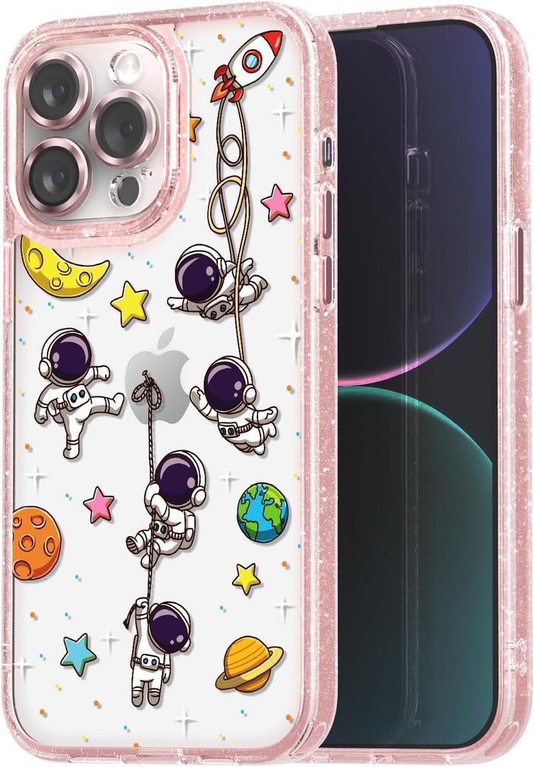 Compatible for iPhone 15 Pro Case Cute Aesthetic - Glitter Pink Phone Case with Camera Protector - Girly Astronaut Spacman Pattern Print Cover with Wrist Strap Design for Woman Girl 6.1"