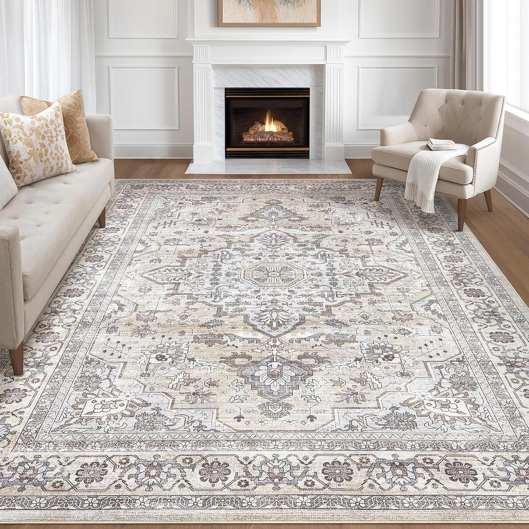 8x10 Area Rugs Living Room: Washable Boho Large Neutral Vintage Soft Rugs Stain Resistant Farmhouse Non Slip Indoor Floor Carpet for Bedroom Nursery Kids Playroom Office Dining Room Home- Ivory Gray