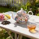 33.8 oz Porcelain Tea Pot Luxury Gold Trim Floral Ceramic Teapot Waterpot Tea Maker for Blooming Loose Leaf Tea Coffee Milk Christmas Women Gift Housewarming Home Kitchen Décor (Vintage Pink)