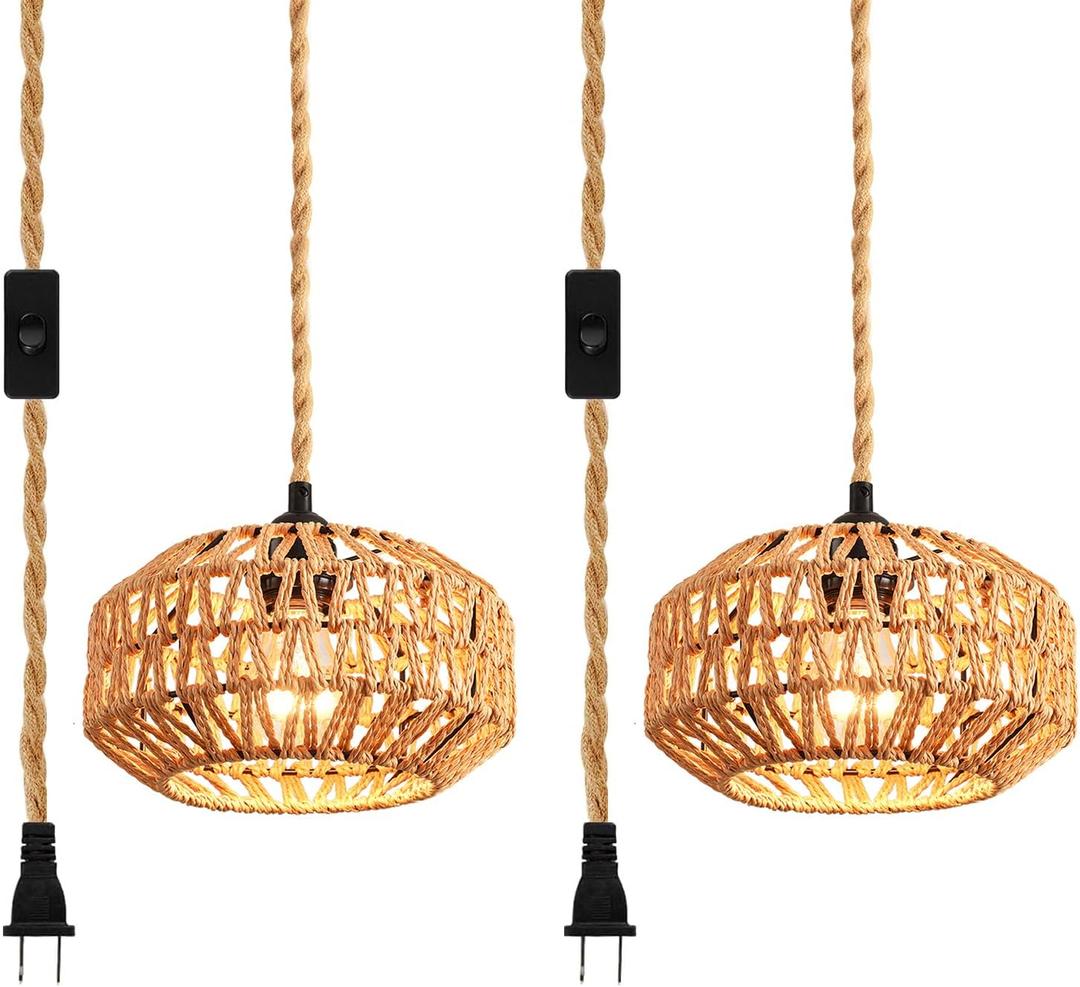 2 Pack Plug in Pendant Light Rattan Hanging Lamp with Switch,Mini Rattan Boho Semi Flush Mount Ceiling Light,Hand Woven Hallway Light Fixtures for Bedroom Entryway