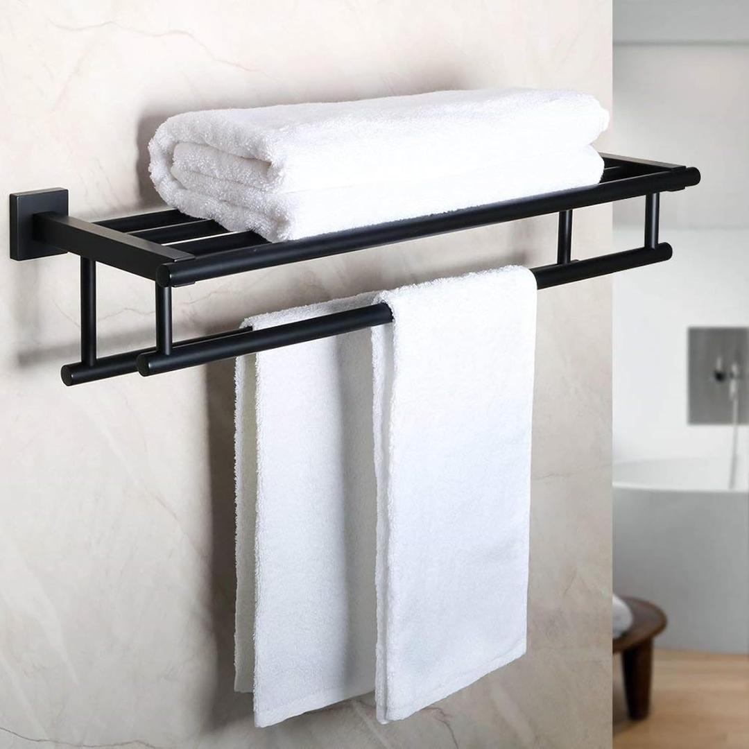 Alise Double Towel Rack for Bathroom Wall Mounted,24 Inch Bathroom Tower Holder Black Towel Rack with Double Towel Bars,SUS304 Stainless Steel Towel Bar Towel Rack with Shelf,Matte Black