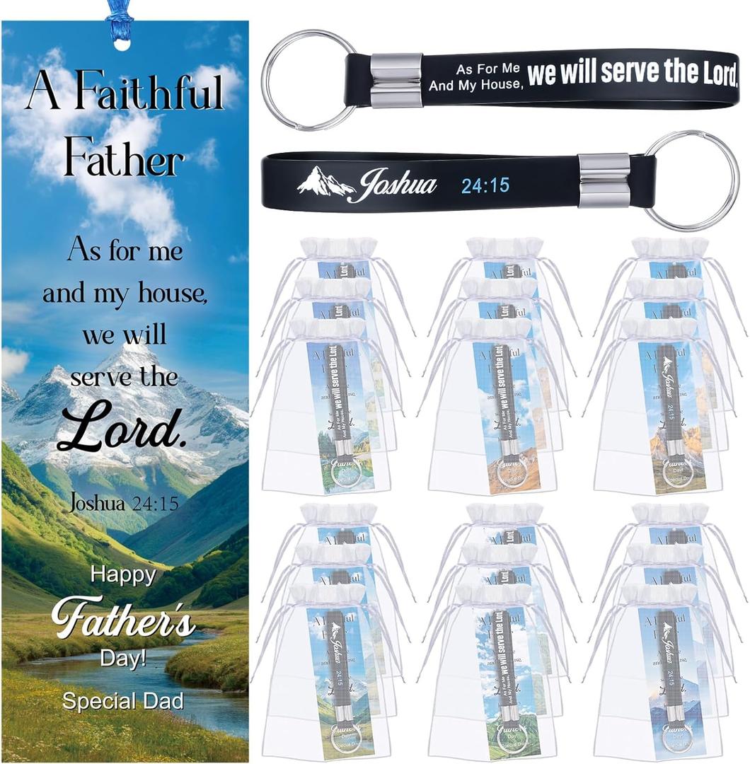 Landical 24 Pcs/12 Sets Christian Father's Day Gifts Bulk, Include 12 Faithful Father Bookmarks 12 Joshua 24:15 Keychains Special Dad Religious Gift for Men Dad Church Party Favor