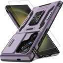 DEERLAMN Case for Samsung Galaxy S24 Ultra with Slide Camera Cover+Screen Protector (1 Pack), Rotated Ring Kickstand Military Grade Shockproof Protective Cover-Deep Purple