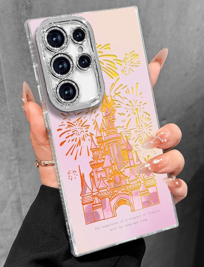 Toycamp Compatible with Samsung Galaxy S23 Ultra Case - Cute Glitter Fireworks Castle S23 Ultra Phone Case with Bling Camera Lens Protector Laser Holo Galaxy S23 Ultra Cover for Women Girly