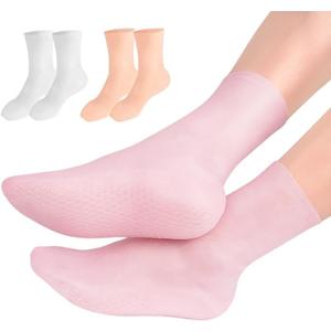 MoyRetty 3 Pairs Silicone Moisturizing Socks,Silicone Socks for Dry Cracked feet Women,Long Size,Spa Gel Socks Foot Care After Pedicure,High Elastic & Anti Slip(Pink & Beige & White)