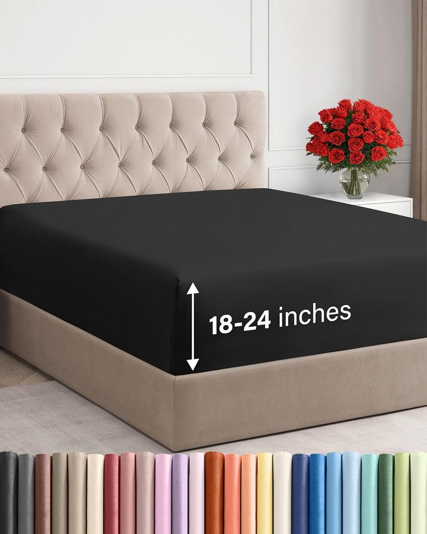 Extra Deep Cal King Fitted Sheet - Hotel Luxury Single Fitted Sheet Only - Easily Fits 18 inch to 24 inch Mattress - Ultra Soft, Wrinkle & Fade Free w/Extra Deep Pockets - Breathable & Comfy - Black