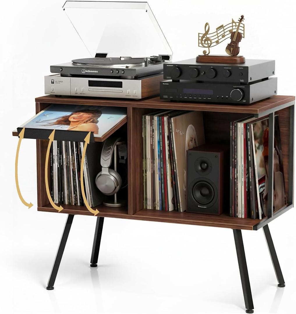Faesun Record Player Stand with Flip-Down Record Shelf, Walnut, 2-tier