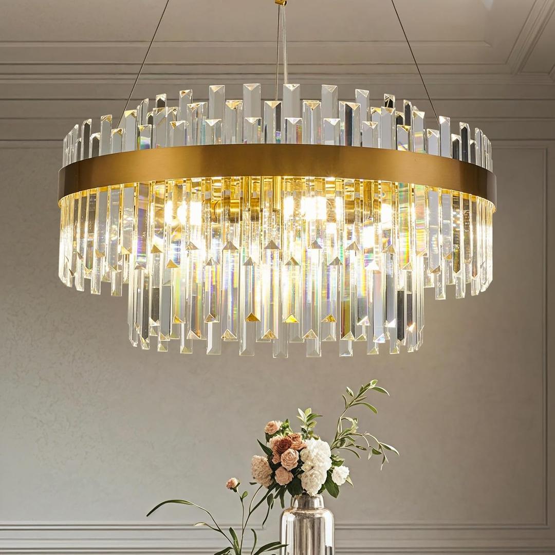 Modern Gold Crystal Chandelier, 9-Light 2-Tier Round Brushed Gold Raindrop Adjustable Flush Mount Pendant Light, E12 Base for Dining Room Living Room Foyer Entryway - 23.6" D
