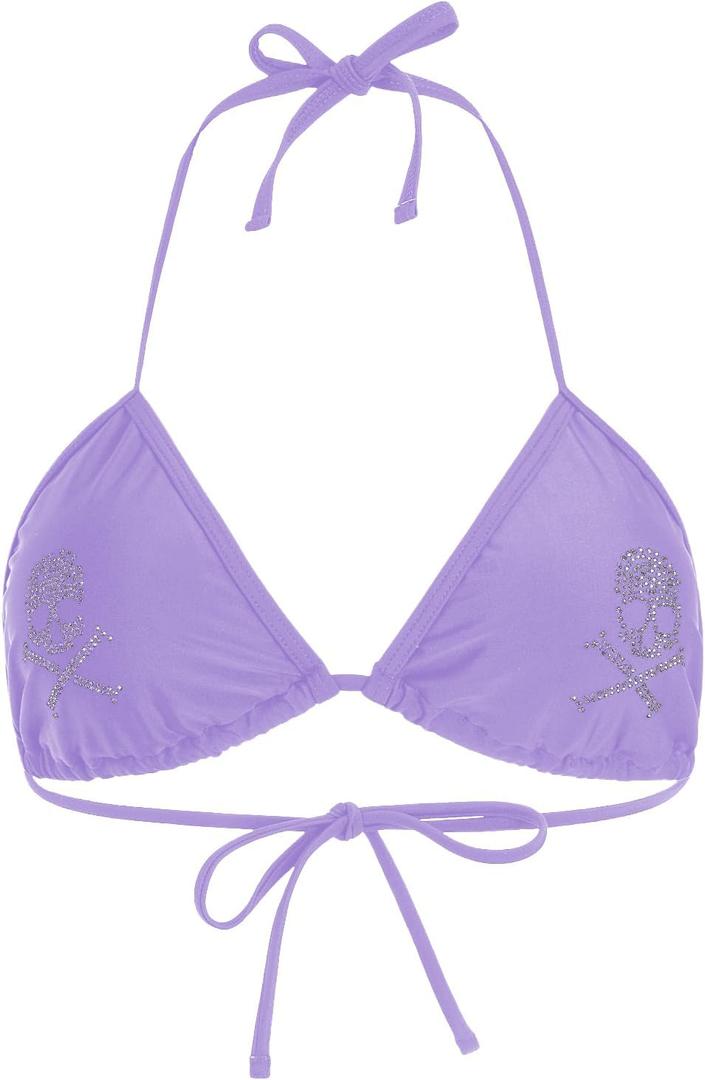 WDIRARA Women's Goth Skull Triangle Halter Bikini Top Rhinestone Tie Back Swimsuit Tops Swimwear (Purple, L)