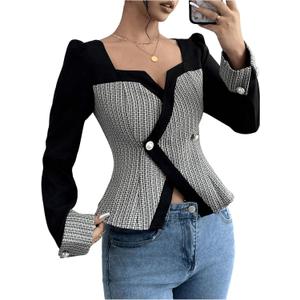 GORGLITTER Women's Color Block Double Breasted Blazer Puff Sleeve Wrap Notch Neck Cardigan (Black)