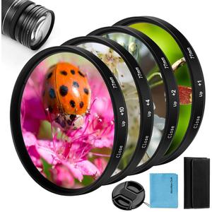 77mm Close-up Filter Kit 4 Pieces(+1,+2,+4,+10) Macro Filter Accessory Close-up Lens Filter Kit Set with Lens Filter Pouch for Canon Nikon Sony Pentax Olympus Fuji DSLR Camera+Lens Cap