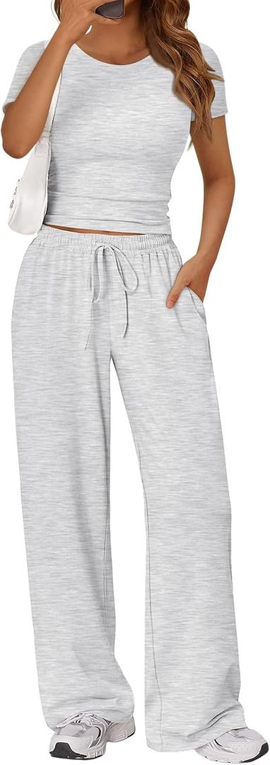 Trendy Queen 2 Piece Matching Summer Sweatsuit Lounge Set Womens Wide Leg Pants Side Ruching Crop Top Sets (Small, Oatmeal Grey)