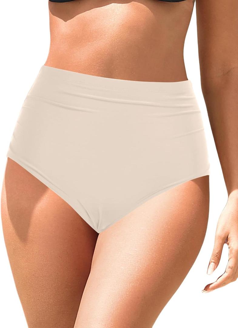 Zmart High Waisted Bikini Bottoms - Women's Full Coverage Ruched Bathing Suit Bottom Low Cut Swimsuit Beige S