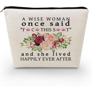 Wise Woman Makeup Bag Canvas Organizer Bag Toiletry Zipper Pouch Funny Slogan Lived Happily Ever After Chic Birthday Retirement Present for Women Friends