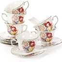 Pumtus Tea Cups and Saucers Set of 6, 8 OZ Floral Ceramic Coffee Cup Set with Spoon, Vintage Rose British Teacups with Gold Trim, Cappuccino Mug for Latte Espresso for Tea Party, Cafe