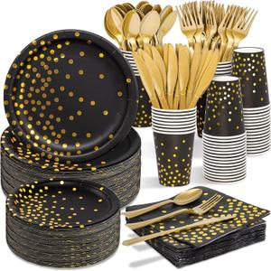 2026 New Years Decorations, 350PCS Black and Gold Party Supplies Disposable Dinnerware Set w/Black Gold Dot Paper Plates Napkins Cups Gold Plastic Fork Knives Spoon for Women Men Birthday Anniversary