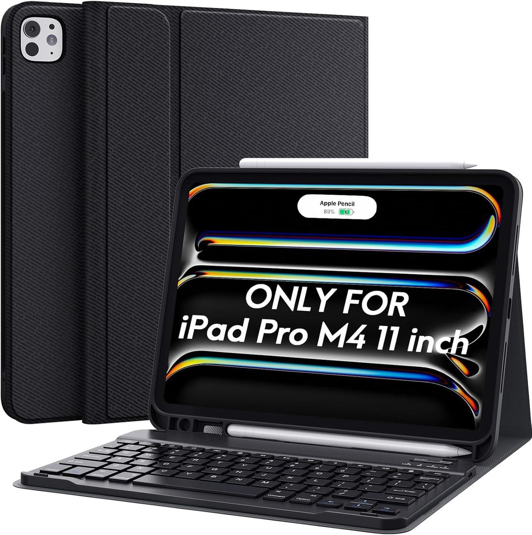 CHESONA for iPad Pro 11 Inch (M4) 2024 Case with Keyboard, Magnetic Detachable Keyboard, Precise Cutouts Case with Pencil Holder, Rechargeable Wireless Folio Keyboard Case for iPad Pro M4 11'', Black