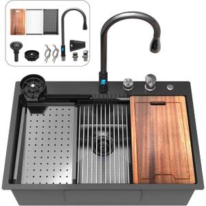 33inch Waterfall Kitchen Sink Drop In Metal Black -Feibus 33x22x10 with Faucet Combo Double Step Workstation 16 Gauge Multifunctional Stainless Steel Single Bowl