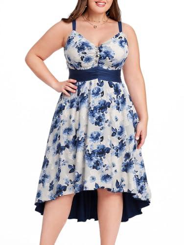 Rosegal Women Plus Size Floral Jacquard Sundress Rhinestone Chain Decor Ruched Asymmetric High Low Midi Summer Sleeveless Vacation Cami Flowy Dress (Blue/Size 3XL)
