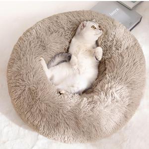 Cat Beds for Indoor Cats - Cat Bed Washable 20 inches, Dog Beds for Small Medium Dogs, Anti Anxiety Round Fluffy Plush Faux Fur Pet Bed, Thick Bottom (Light Brown, Medium)