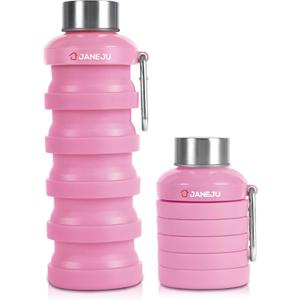 JaneJu Collapsible Water Bottle, 17oz BPA Free Silicone Reusable Portable Lightweight Foldable Water Bottles with Carabiner, Portable Leak Proof Sports Water Bottle (Pink) (16.9 Ounces)