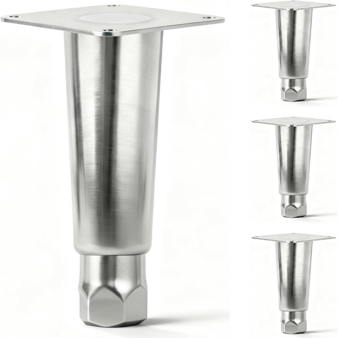 4 Pack 6" Adjustable Leg Heavy-Duty Stainless Steel Table Legs, 1-5/8 O.D. Square Mounting Plate, Equipment Leg for Cabinetry and Equipment, 2,200 lbs. Vertical Load Rating Per Leg