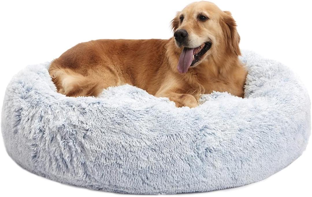 Bedfolks Calming Donut Dog Bed, 36 Inches Round Fluffy Dog Beds for Large Dogs, Anti-Anxiety Plush Dog Bed, Machine Washable Pet Bed (Light Blue, Large) (36.0"L x 36.0"W x 8.0"Th)