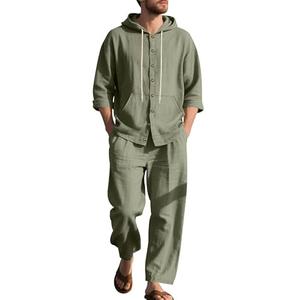 TAFLE Men's 1 Pieces Cotton Linen Set Casual Long Sleeve Henley Shirts Beach Summer Outfits, XXXL