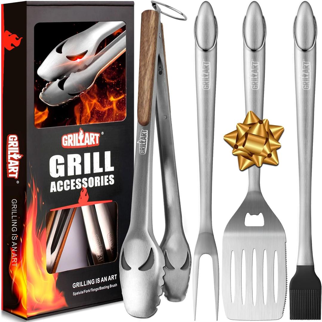GRILLART BBQ Tools Grill Tools Set -18Inch Grilling Tools BBQ Set - Grill Accessories w/BBQ Tongs, Spatula, Fork, Brush- Stainless Grill Kit Grilling Set - Gift Ideas BBQ Accessories Gifts for Men Dad (Black)