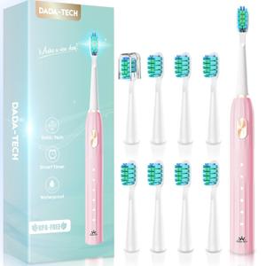 Pink Electric Toothbrush for Adults Kids Electric Toothbrush Rechargeable with 9 Brush Heads, 5 Modes and 2 Minutes Smart Timer, 4Hours Charge for 60 Days, Roman Column Handle (Pink 8-12)